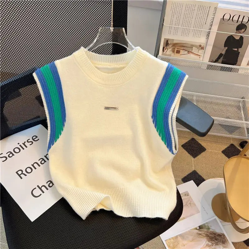 Summer New Fashion Patchwork Knitted Tanks Women Vintage Loose O-neck Soft Comfortable Casual Sleeveless Tops Beige