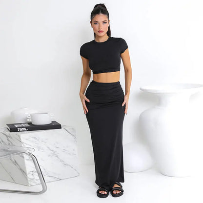 Women Sexy Skirt Set Fashion Solid Crop T-shirt Long Bodycon Skirts Ladies Summer 2 Piece Bodysuit Chic Outfit