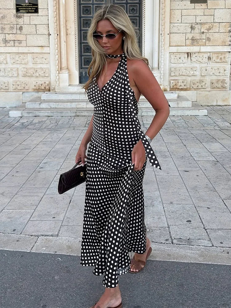 Trendix Polka Dot Print Backless Dress Women Summer Sexy Deep V Neck Sleeveless Off Shoulder Maxi Dresses Elegant Evneing Dress