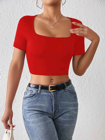 Solid Square Neck Crop T-Shirt Y2K Sexy Short Sleeve T-Shirt For Spring & Summer Women's Clothing