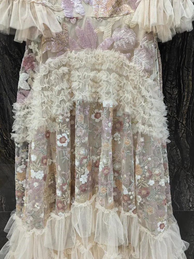 IEQJ Fashion Pink Embroidered Sequins Dress Women's Round Neck Ruffles Half Sleeves Ankle-length Dresses New 3A132 Badiee Stylez