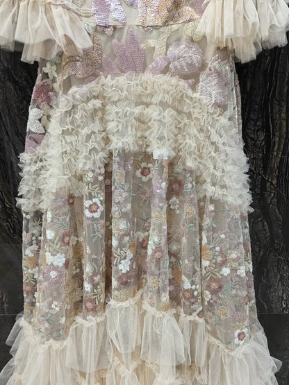 IEQJ Fashion Pink Embroidered Sequins Dress Women's Round Neck Ruffles Half Sleeves Ankle-length Dresses New 3A132 Badiee Stylez