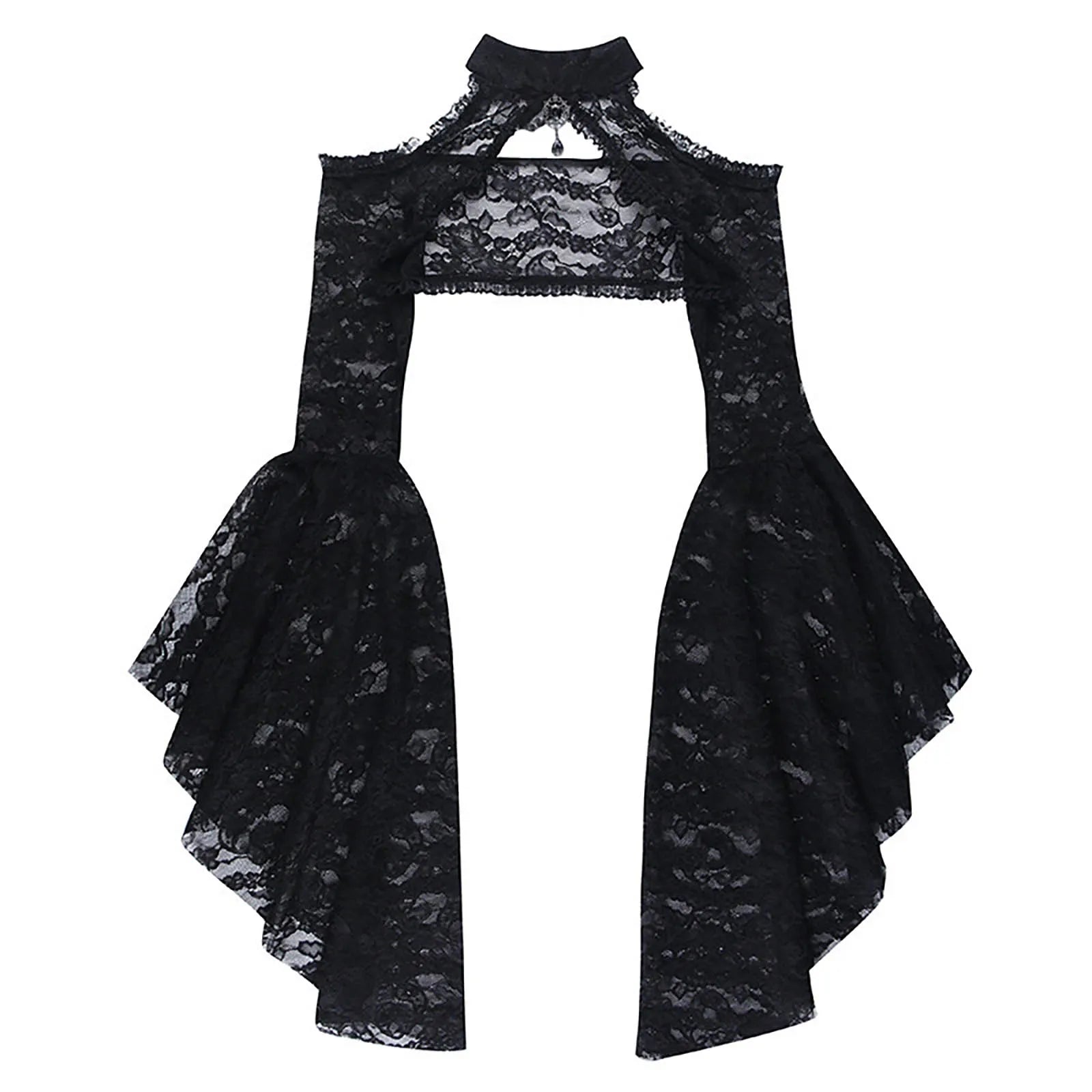 Punk Bolero Shrug Top Trad Goth Black Shawls Flared Sleeve Cover Wraps for Evening Dresses Short Cardigan See-Through Lace Shrug Black