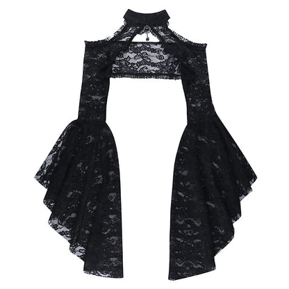 Punk Bolero Shrug Top Trad Goth Black Shawls Flared Sleeve Cover Wraps for Evening Dresses Short Cardigan See-Through Lace Shrug Black