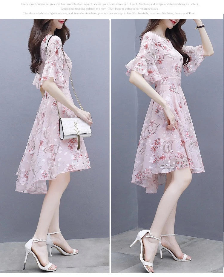 Ele Summer Women's Midi Dr ang Hai Sle Sweet Princ round Ne ort Sve A-Line Skirt Printed Chiffon Dr