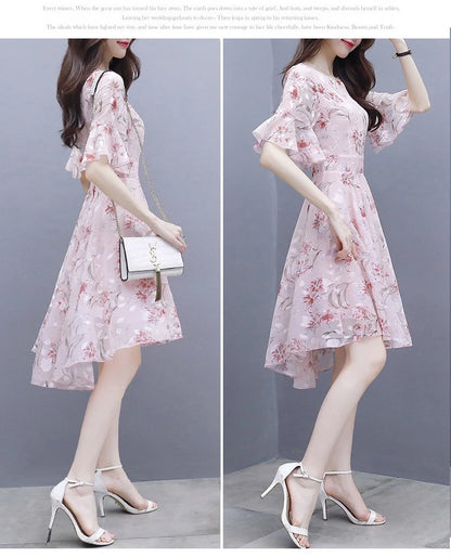 Ele Summer Women's Midi Dr ang Hai Sle Sweet Princ round Ne ort Sve A-Line Skirt Printed Chiffon Dr