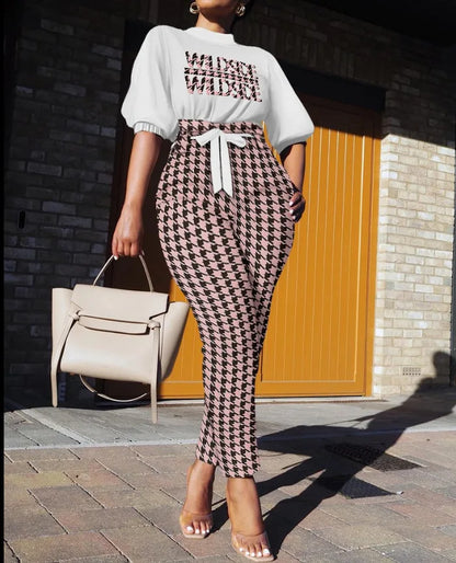 New Spring Autumn Trendy Street Trendy Seven Sleeve Fashion Printed Lace Up Waist Casual Pants Set For Women's Clothing