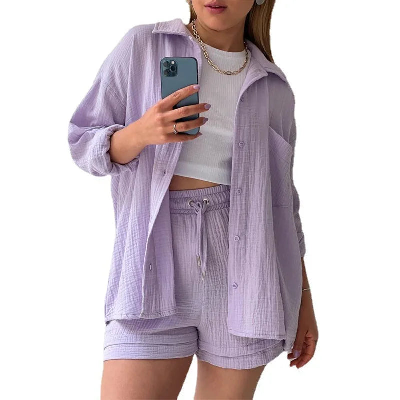Short Sets Women Tracksuit Single Breasted Cardigan Blouses Two Pieces Shorts Loose Button High Street Solid Pockets Folds