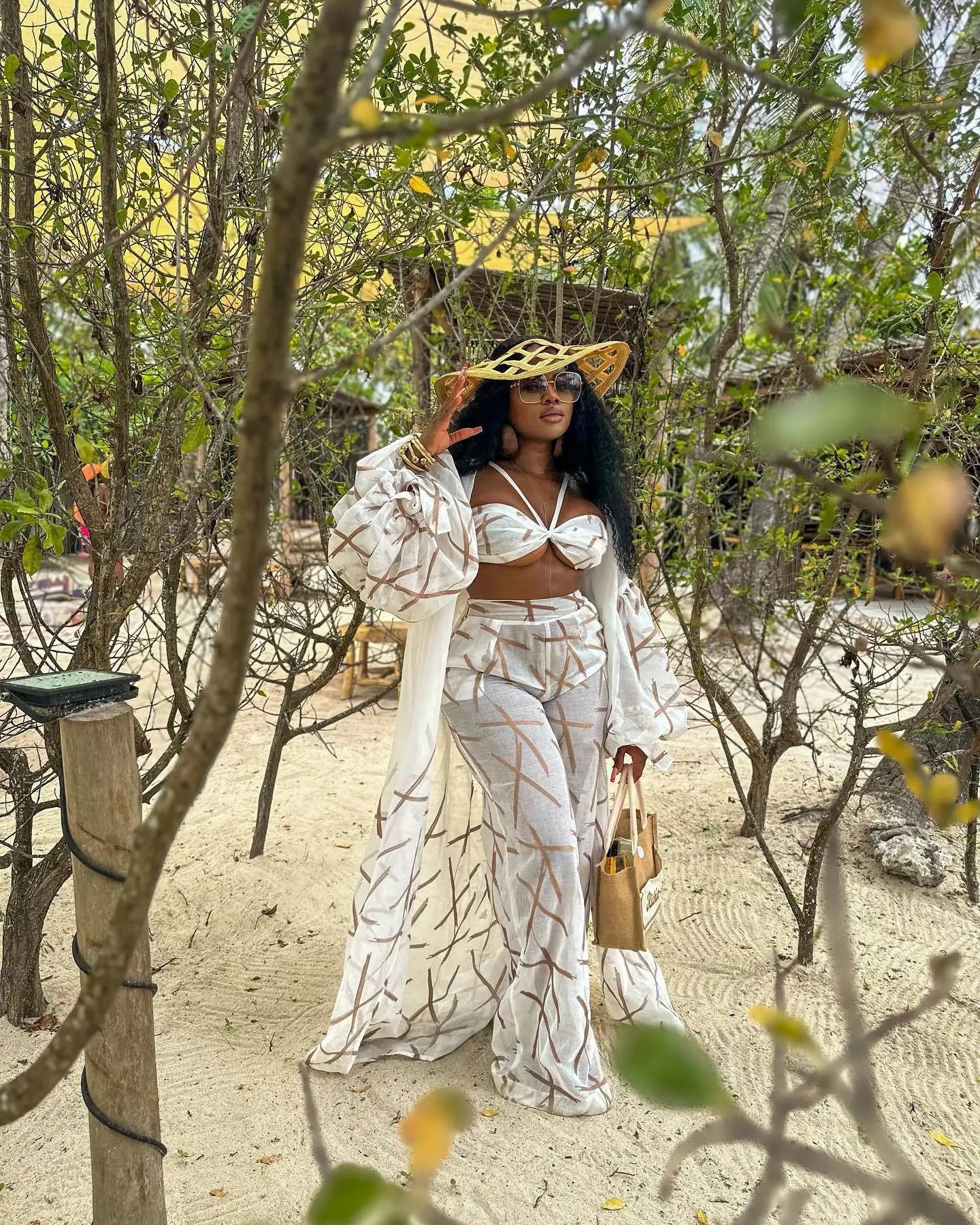 Pant Sets Women Solid Three Piece Set Loose Cardigan Long Shirt Vest Wide Leg Long Pants Suit Splice High Waist Sexy Beach Creamy-white