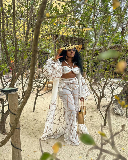 Pant Sets Women Solid Three Piece Set Loose Cardigan Long Shirt Vest Wide Leg Long Pants Suit Splice High Waist Sexy Beach Creamy-white