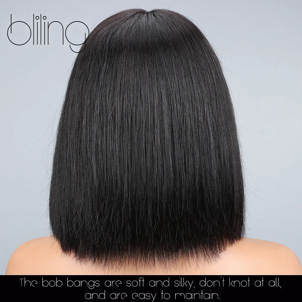 200% Human Hair Wig With Bang Natural Glueless Straight Layered Bob Hairstyle 1X13 Transparent Lace Black for Women 10 Inch Badiee Stylez