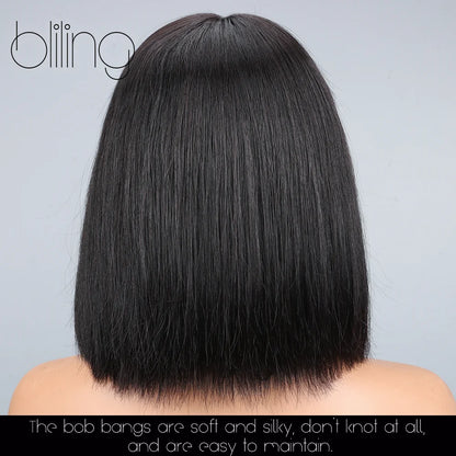 200% Human Hair Wig With Bang Natural Glueless Straight Layered Bob Hairstyle 1X13 Transparent Lace Black for Women 10 Inch Badiee Stylez