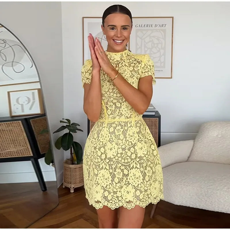 Women Fashion Yellow Lace Hollow Out Mini Dress Elegant Short Sleeve High Waist Bodycon Dresses Sexy Party Street Lady Vestidos
