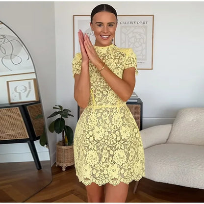 Women Fashion Yellow Lace Hollow Out Mini Dress Elegant Short Sleeve High Waist Bodycon Dresses Sexy Party Street Lady Vestidos