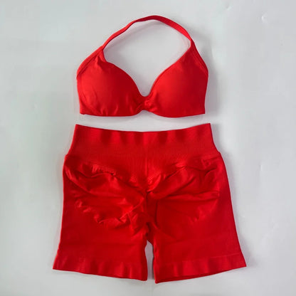 NO LOGO 2PCS Gym Set Women Strappy Yoga Bra Top High Waist Workout Scrunch Shorts Sports Suit Seamless Yoga Set Fitness Clothes Badiee Stylez