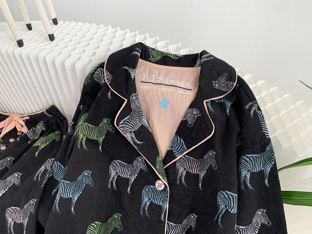 Women's Winter Pyjama Suit Print Long Sleeve Turn Down Collar Female Clothes 100% Cotton Single Breasted Sleepwear for Female