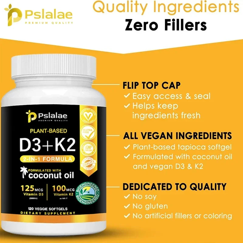 Vitamin D3+K2 Supplement 5000IU Vitamin D3 and K2 (MK-7) Capsules for Bone, Heart, Muscle, Immune Support