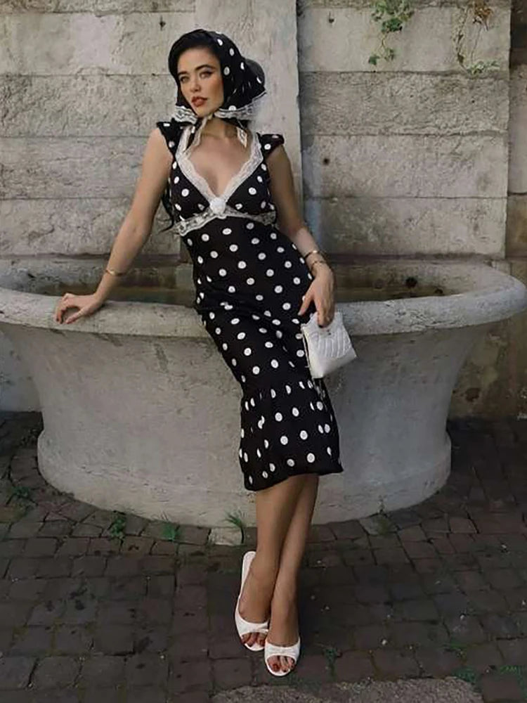 Polka Dot Ruched Dress Elegant Birthday Party Skinny Bodycon Sexy Backless Dress Women Flying Sleeve Lace Trim Applique