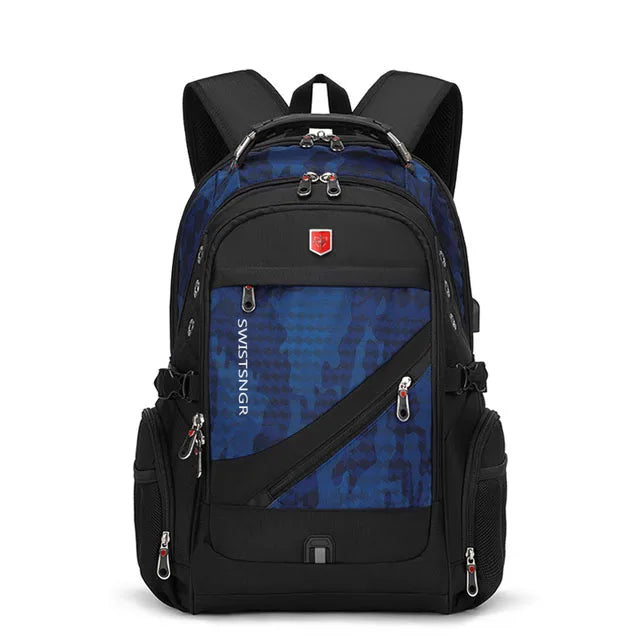 Waterproof 15.6/17.3 Inch Laptop Backpack Men USB Charging Swiss Backpack Travel Women Rucksack Male Vintage School Bag Mochila Camouflage blue