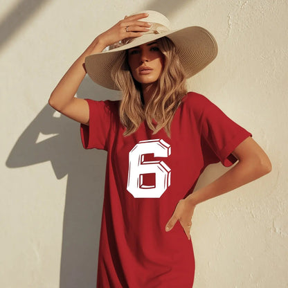 Plus Size Lucky Number 6 Women's Vibrant T-Shirt Dress with Bold White '6' Printed Casual Round Neck Short Sleeve Summer Dress CDXQ-57