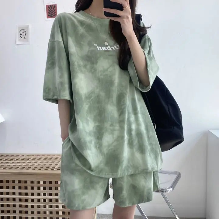 Women Summer 2024 New Fashion Cool Tie Dye Two-Piece Set Leisure And Comfortable Loose Elastic Waist Shorts Set