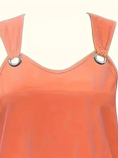 Women's Plus Size Solid Crew Neck Casual Two-Piece Set Tank Top Grommet Eyelet Detail & Trendy Comfortable Shorts