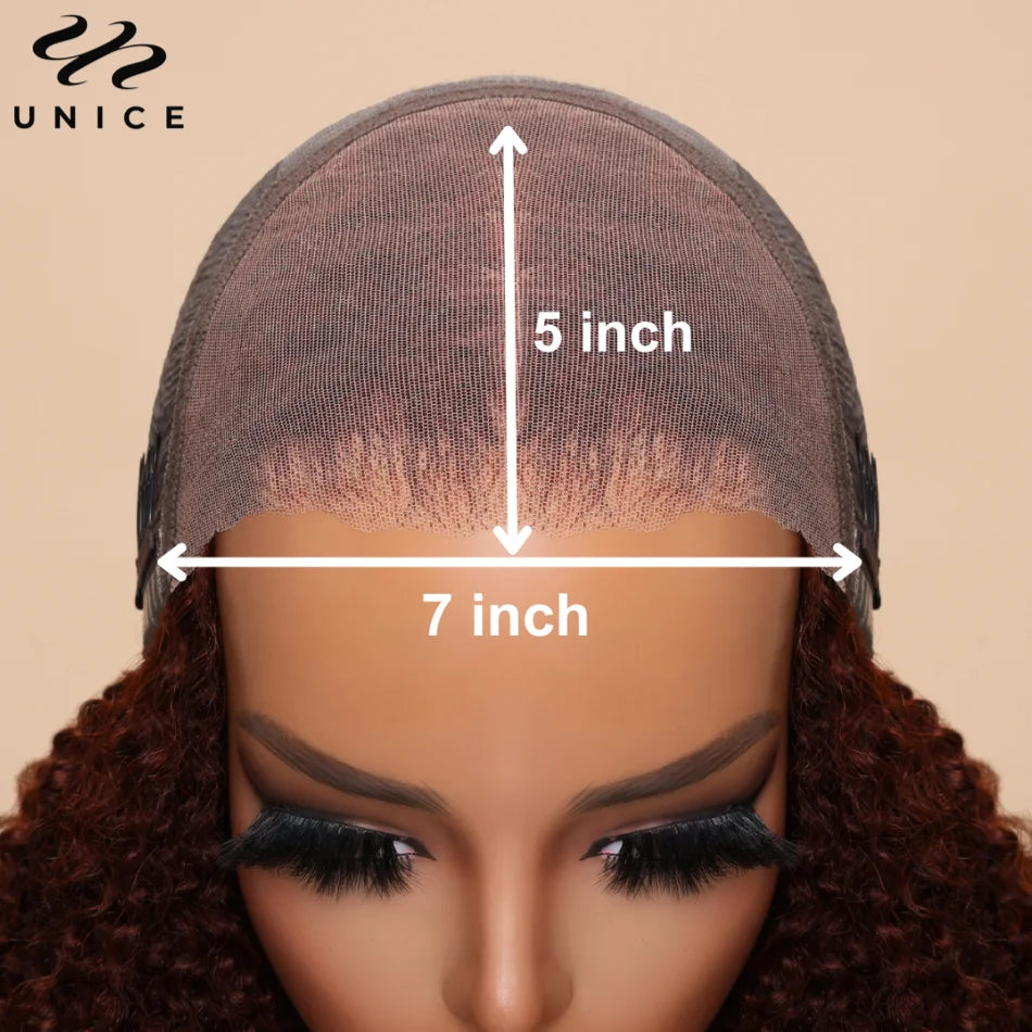 UNice Hair 7x5 Bye Bye Knots Wig Human Hair Reddish Brown Curly Lace Wig Wear Go Glueless Wig Pre Cut Bleached Lace Closure Wig