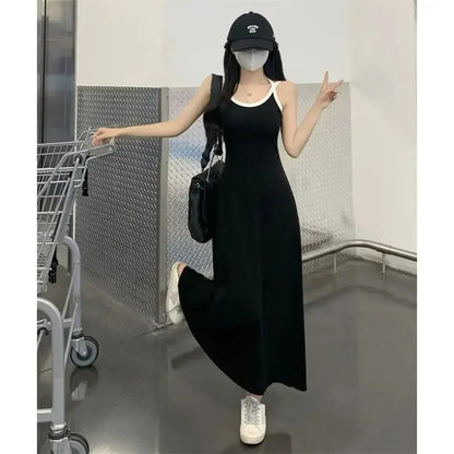 New Fashion Summer Black Loose Slip Dress Off Shoulder Solid Simplicity All-match Sleeveless Dress Temperament Women Clothing