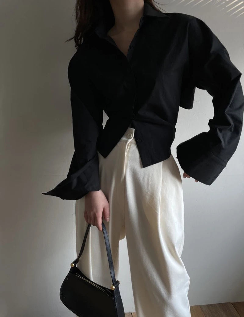 Gidyq Korean Bandage Shirt Women Fashion Backless Sexy Blouse Office Ladies Casual Slim Chic Turn Down Collar Long Sleeve Tops