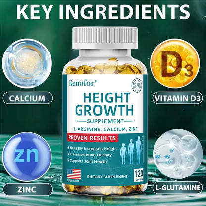 Height Growth Supplement - Calcium, L-Arginine, Vitamin D3, Zinc - Promotes Bone Growth - Helps Natural Height Growth Capsules