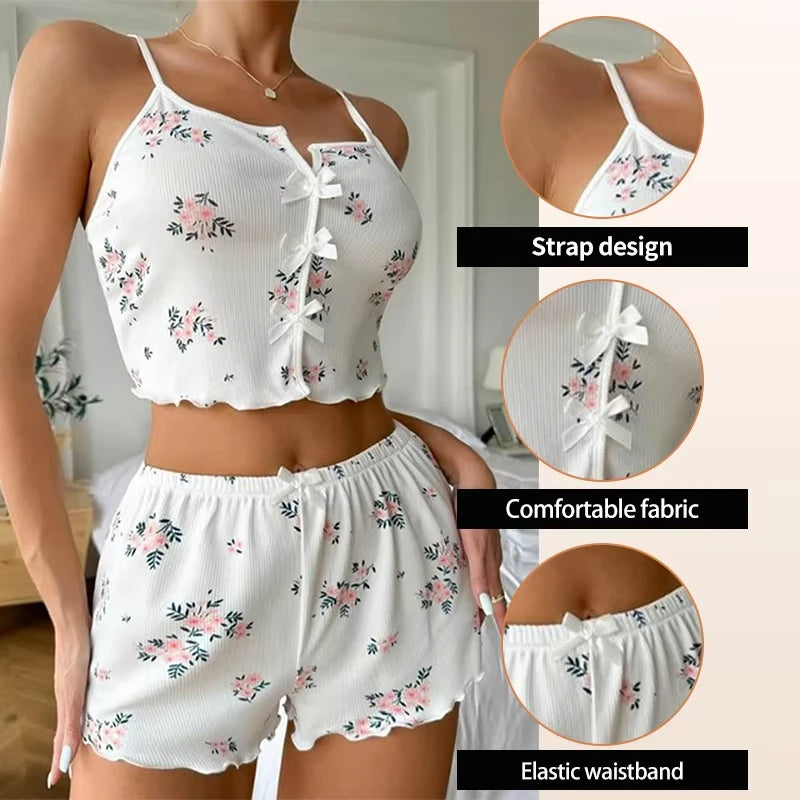 Y2K Cute Floral Print Ribbed Pajama Set Womens Cami Crop Top Shorts Two Piece Sleepwear Loungewear Set Lettuce Trim Bow Button