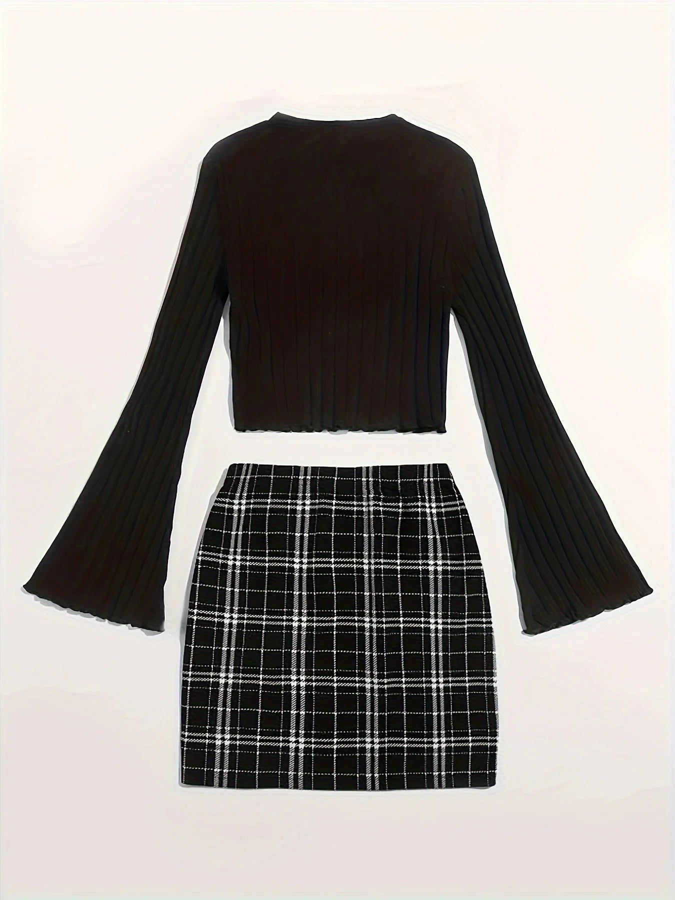 Casual Colorblock Two-piece Skirt Set Ribbed Crew Neck Long Sleeve Top & Plaid Skirts Women's Clothing Badiee Stylez