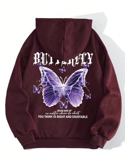 Beautiful Purple Butterfly Printing Hoodies Women Fleece Pocket Hoody Simple Casual Hoodie Autumn Loose Female Streetwear Wine Red
