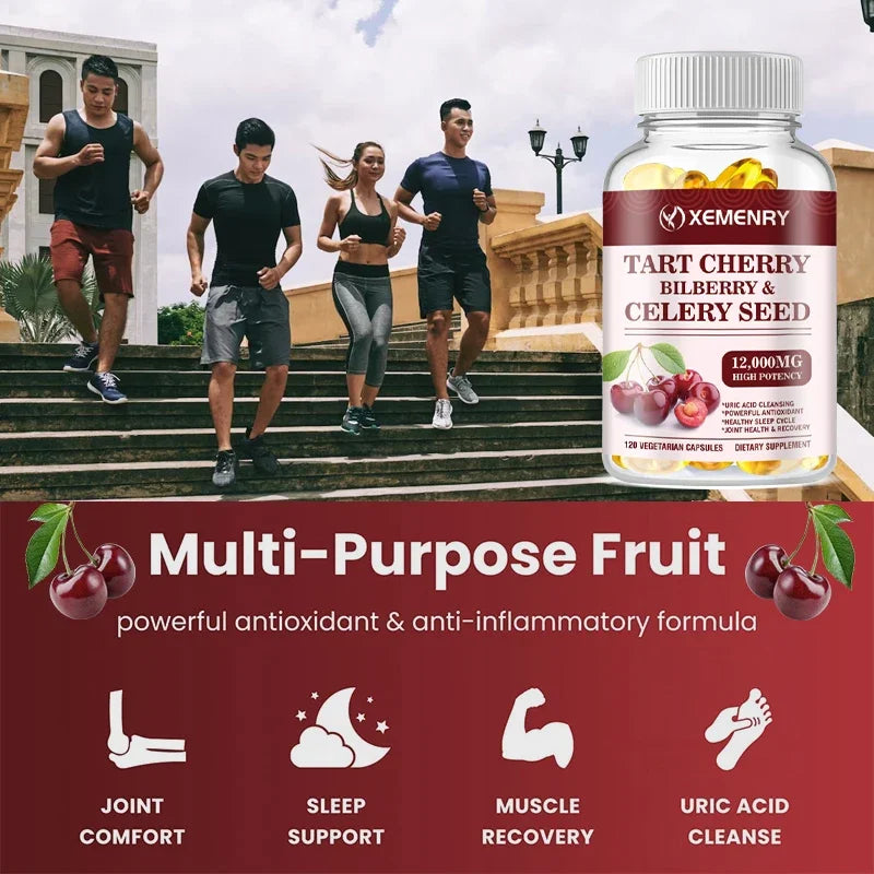 Organic Tart Cherry & Celery Seed Capsules - Uric Acid Cleanse, Support Sleep & Joint Health Muscle Repair Supplement