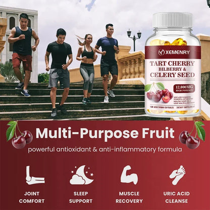 Organic Tart Cherry & Celery Seed Capsules - Uric Acid Cleanse, Support Sleep & Joint Health Muscle Repair Supplement
