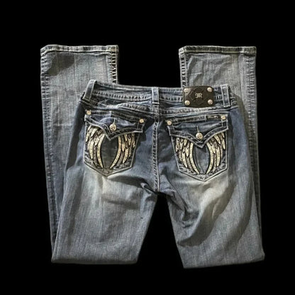 Hip Hop Low Waist Slim Jeans Wings Y2K American Fashion Retro Graphic Embroidered Blue Jeans Street Harajuku Goth Wide Legs 1