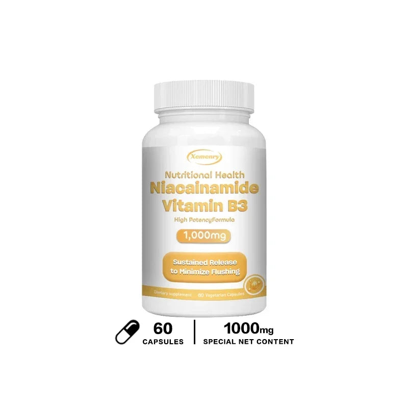 Niacinamide Vitamin B3 Capsules - Supports Brain Function and Heart Health, Boosts Energy Production, and Enhances Immunity 60 Capsules