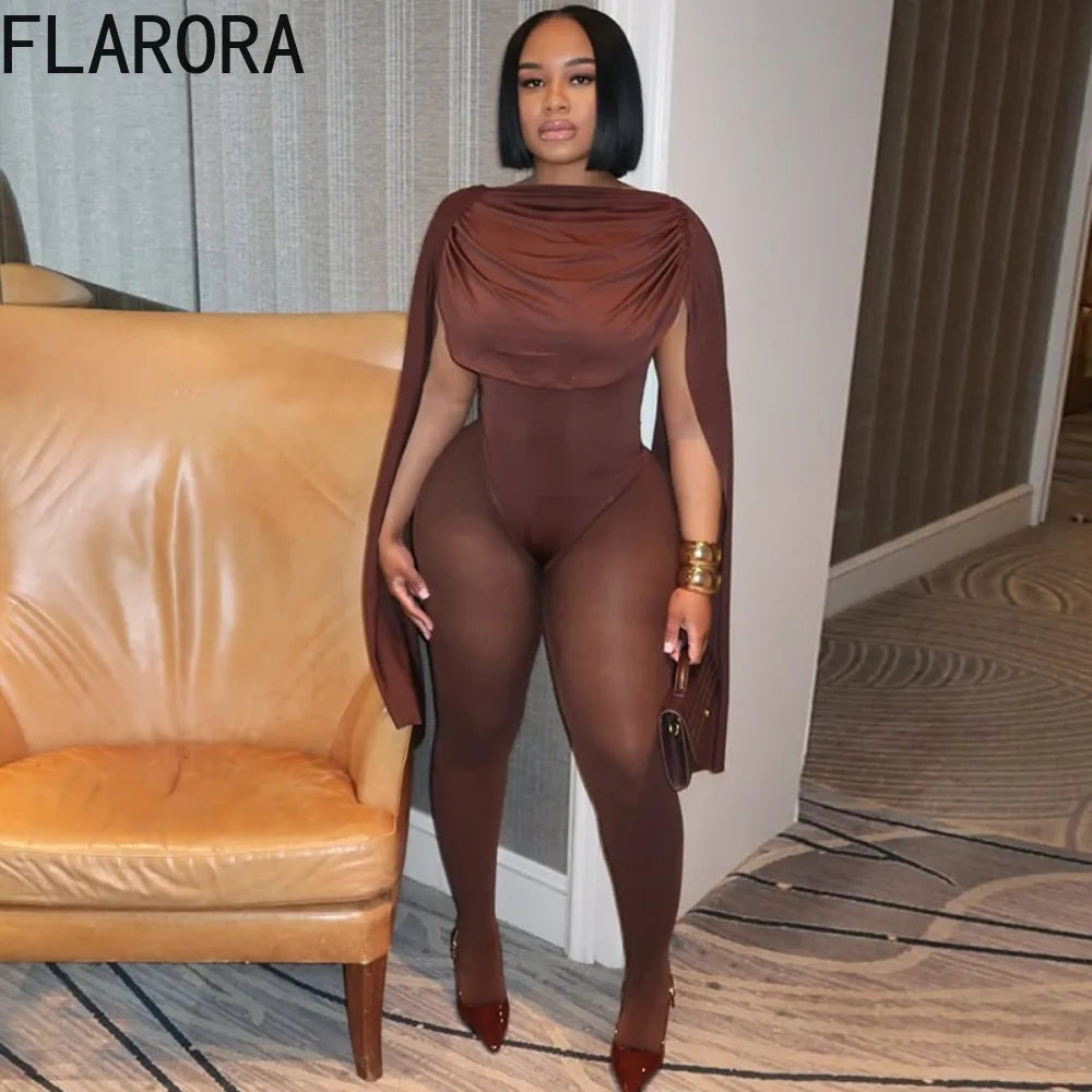 FLARORA Elegant Solid Color Ruched Jumpsuit Woman Bandage Patchwork Sleeveless Bodycon Jumpsuits Evening Party One Piece Overall Badiee Stylez