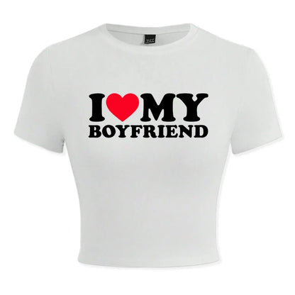 I Love My Boyfriend Letter Printing T Shirt Female Fashion Clothes Elastic Comfortable Short T-Shirtcasual Soft T-Shirts QQ918-Whiteluqi