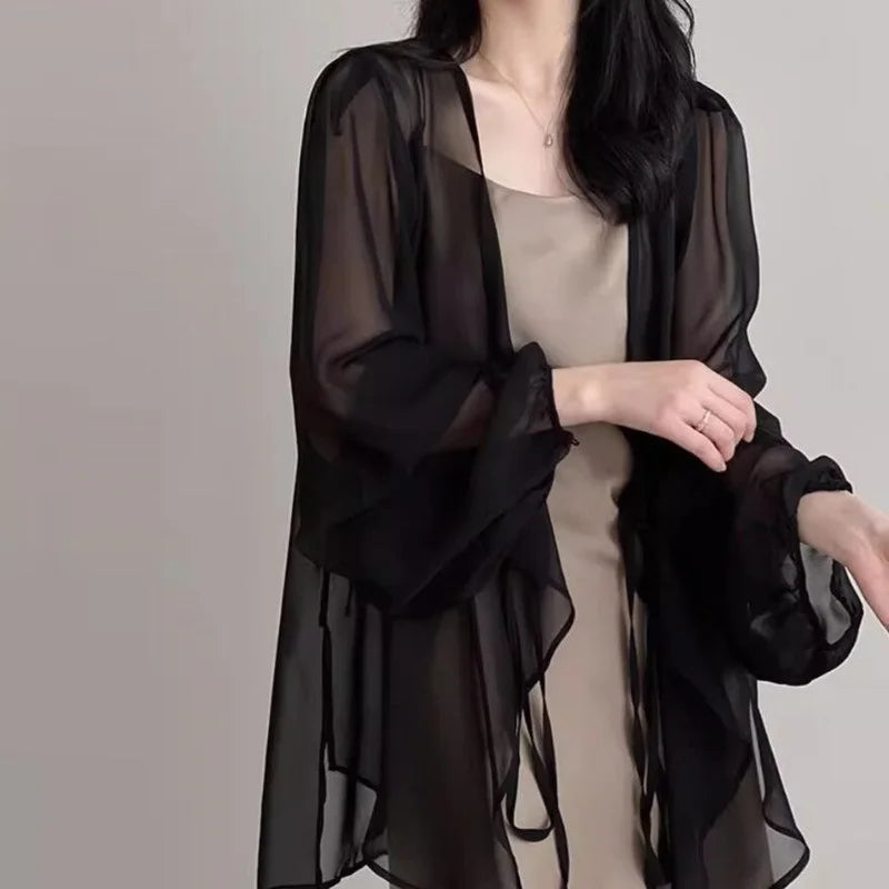 Summer Sun Protection Shirt Korean Women Chiffon Cardigan Blouse Solid Color Ladies Shawl Female Oversize Casual Loose Coats