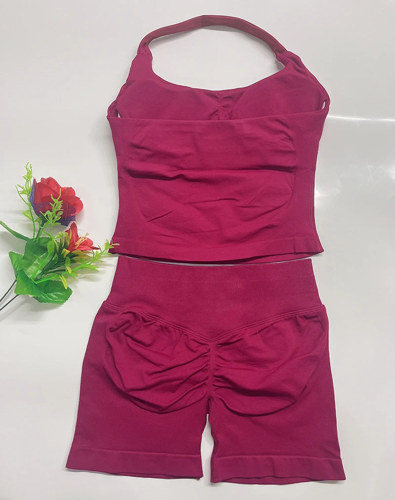 two piece DF yoga clothing set outfits woman yoga Impact Halter Top and spors shorts 4.5 inch Gym workout sets pilates clothes Badiee Stylez