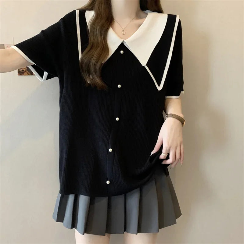 Plus Size Summer Knitted Short Sleeve T-Shirt Double Collar Polo Neck Loose Fit Meat Concealing Top for plus Size Women