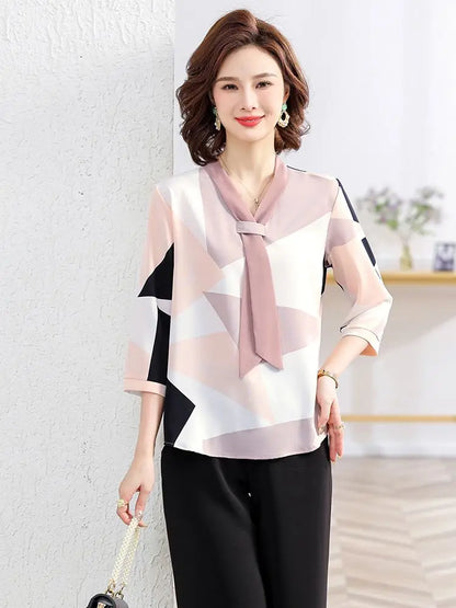 Women's Shirt Middle-aged Mother Elegant Summer Lady Shirts Bandage Floral Printed Chiffon Shirt Blouse Women's Clothing