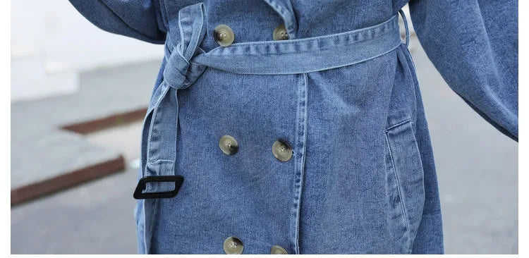 Trench Denim Coat Women Long Coats Lace Up Belt High Waist Turn Down Collar Maxi Jackets Y2k Single Breasted Elegant Autumn