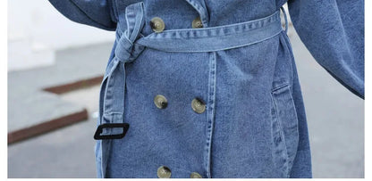 Trench Denim Coat Women Long Coats Lace Up Belt High Waist Turn Down Collar Maxi Jackets Y2k Single Breasted Elegant Autumn