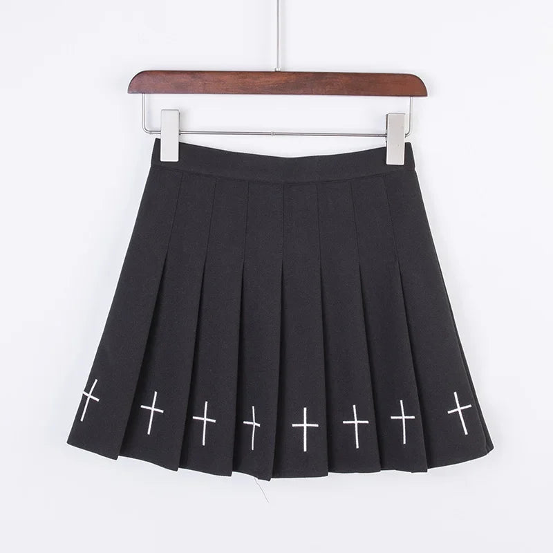 Black High Waist Mini Skirts Punk Pleated Vintage Skirt Gothic Streetwear Cross Print Pleated Women Skirts Lolita Harajuku Skirt 1810-2HS