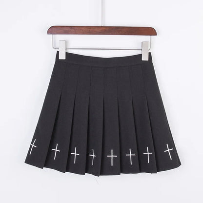 Black High Waist Mini Skirts Punk Pleated Vintage Skirt Gothic Streetwear Cross Print Pleated Women Skirts Lolita Harajuku Skirt 1810-2HS