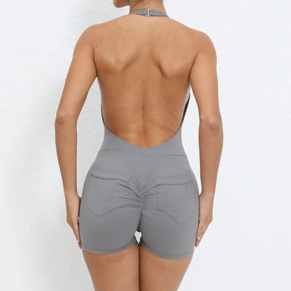 Gym Sport Jumpsuit Short Jumpsuit with Pocket Women Sportswear One Piece Yoga Set Sexy Backless Scrunch Fitness Overalls Romper GRAY