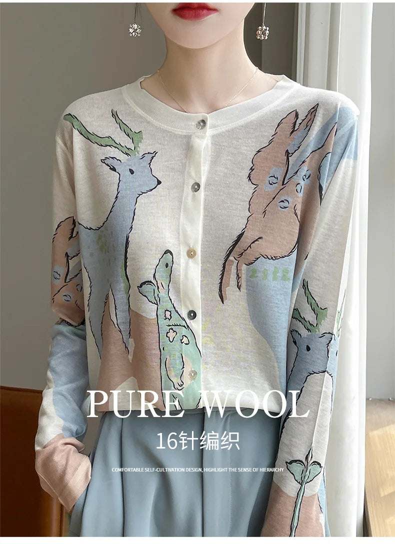 Spring And Summer New Lyocell Water-Soluble Wool Blended Round Neck Knit Cardigan Long Sleeve Feminine Sweater Printed Top