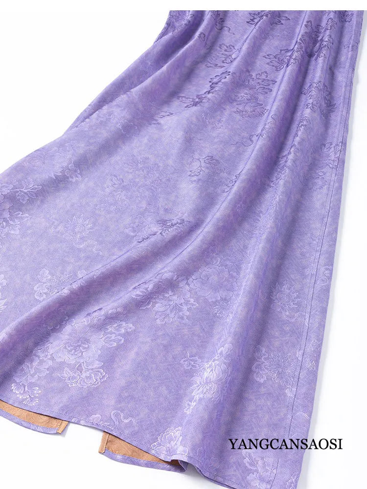 2025 Women's Summer New Luxury 100% Natural Mulberry Silk Jacquard Satin V-neck Split Double Sided Sleeveless Vest Dress Badiee Stylez